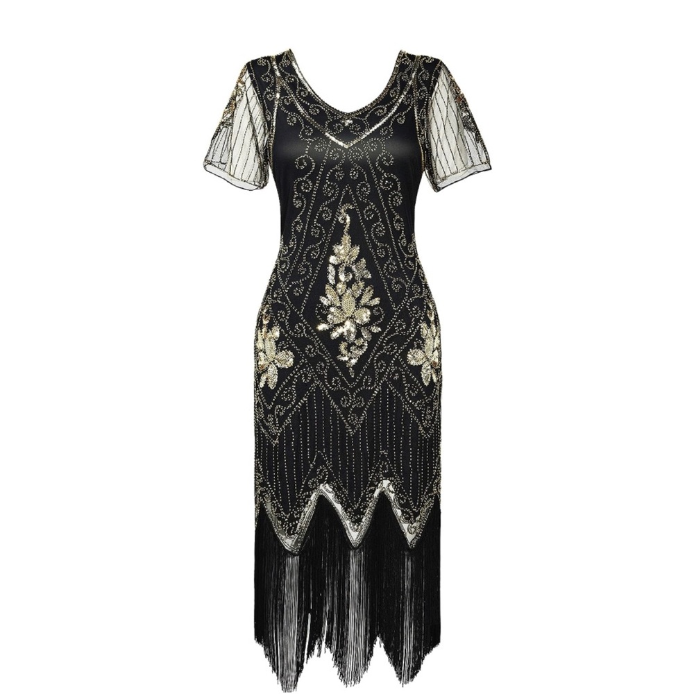 NWT BABEYOND 1920s Art Deco Fringed Sequin Dress Roaring 20s Flapper Gatsby blk